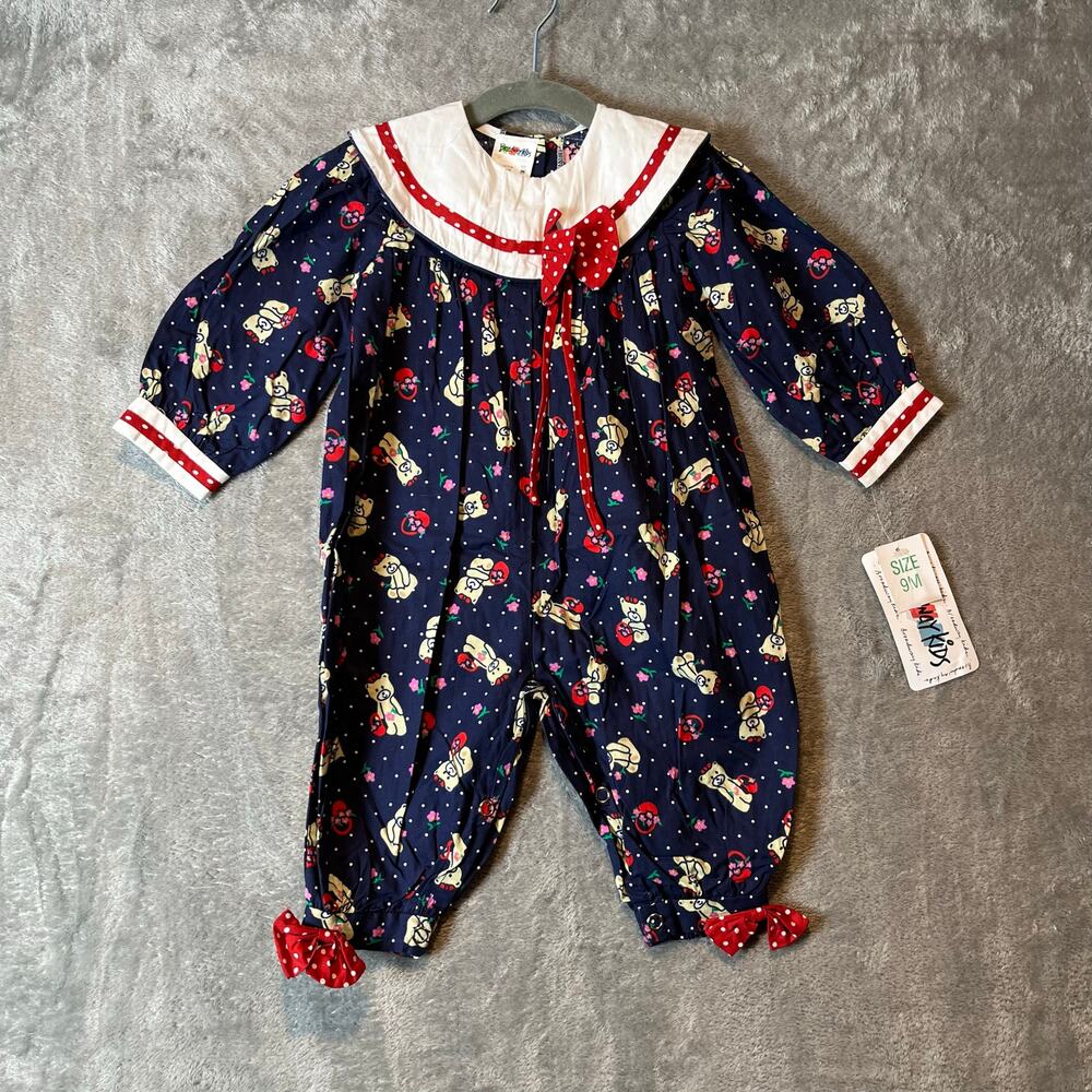 Vintage Deadstock Baby Jumpsuit Size 9M Teddy Bear Floral Navy